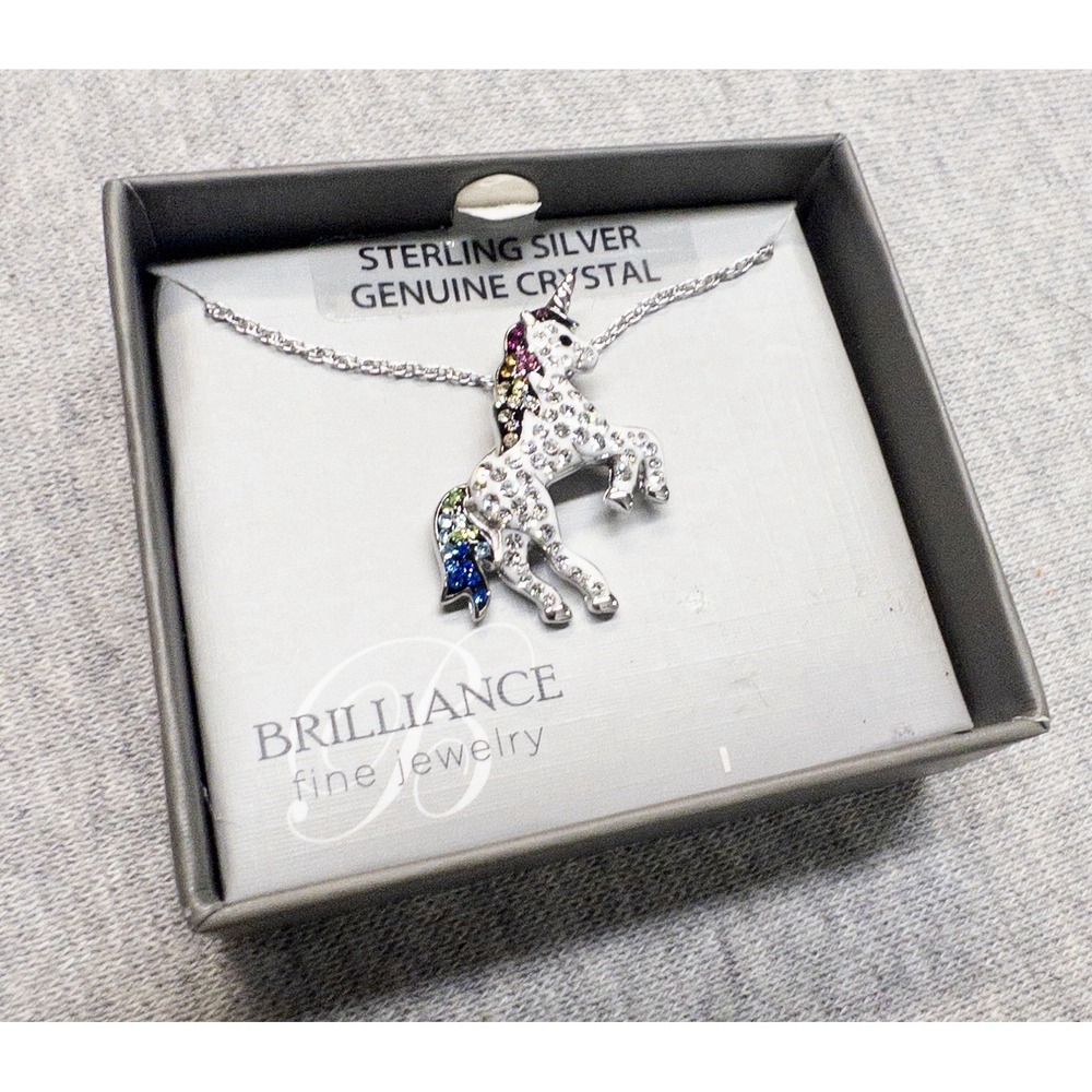 NIB Brilliance Fine Jewelry Sterling‎ Silver Crystal Unicorn Necklace 925 Silver